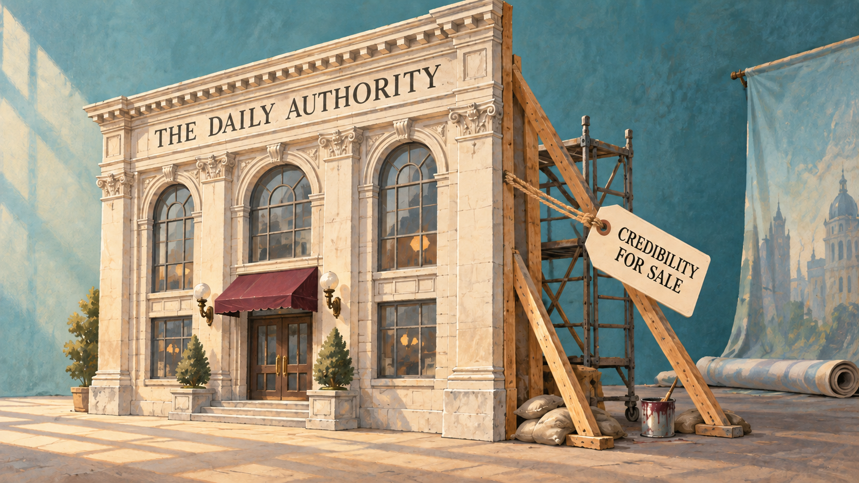 A grand newspaper building that is only a film-set facade, propped up with scaffolding, with a tag reading Credibility For Sale