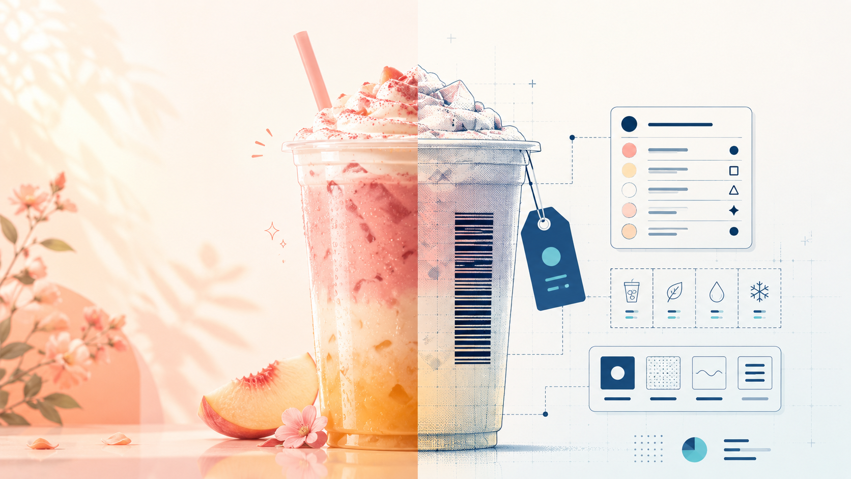 A single iced drink split down the middle: one half a glossy photogenic beverage, the other half rendered as structured data and a barcode