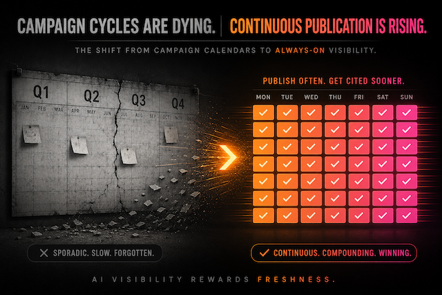 Campaign cycles are dying. Continuous publication is rising. The shift from campaign calendars to always-on visibility. AI visibility rewards freshness.