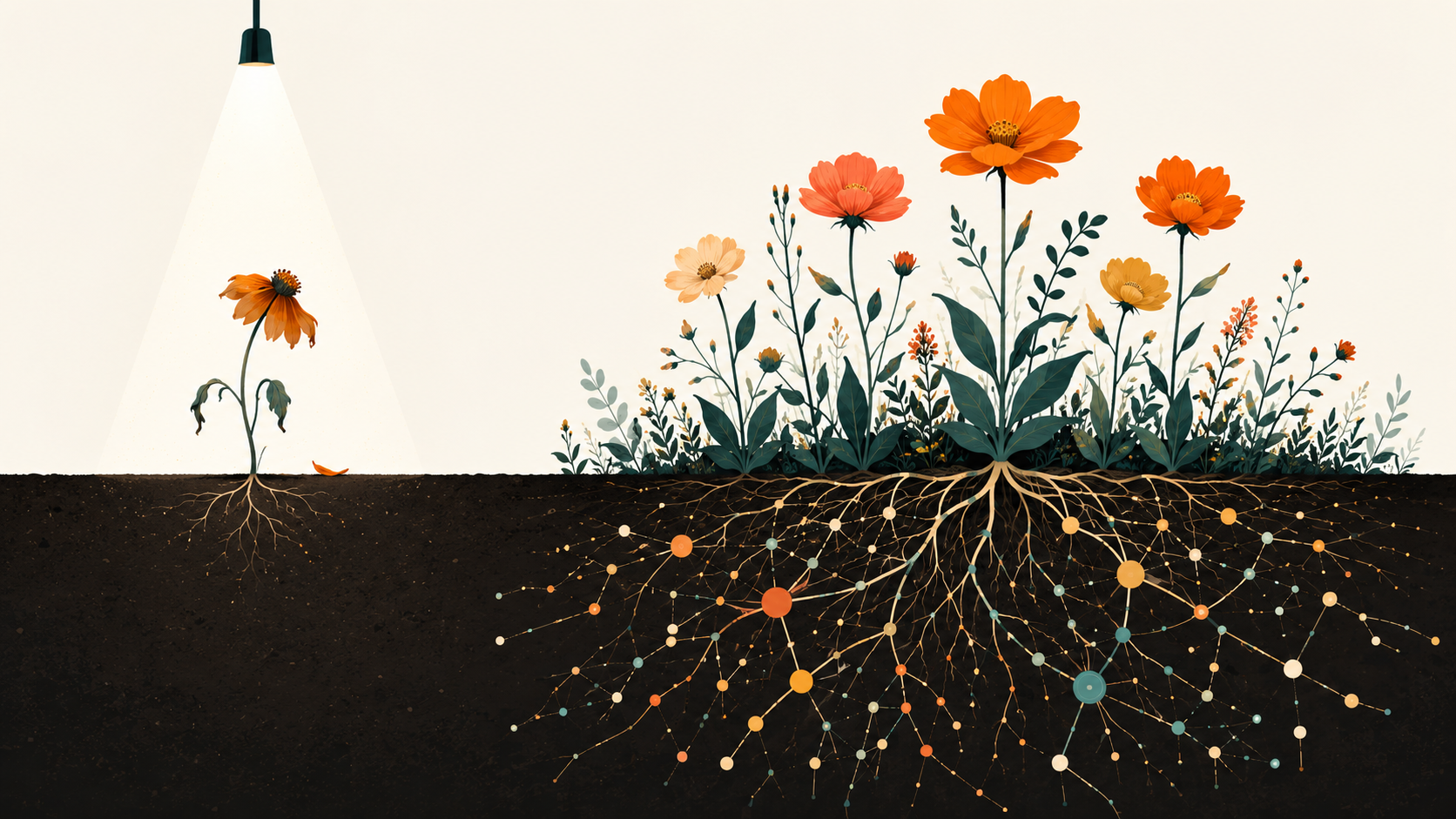A citation garden: a lone wilting bloom under a spotlight beside a thriving cluster of flowers fed by an interconnected underground root network