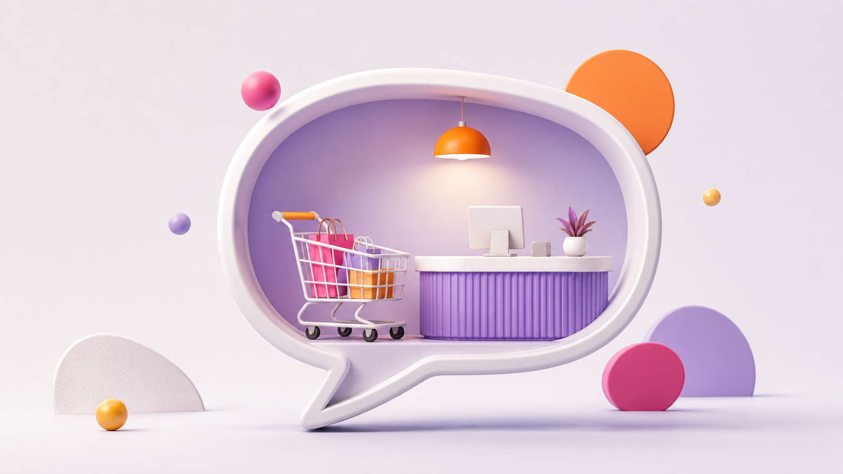 A 3D illustration of a chat speech bubble containing a shopping cart full of bags and a checkout counter, suggesting that buying now happens inside the conversation.