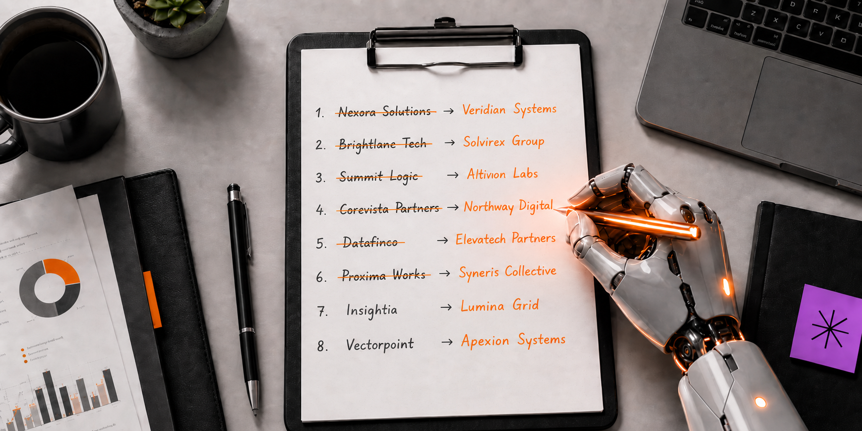 A vendor shortlist on a clipboard, with a robotic hand crossing off names and writing in new ones