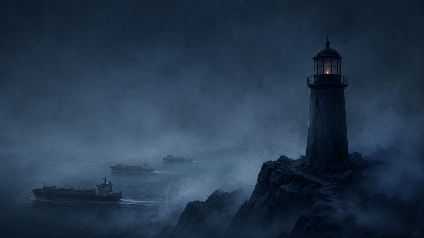 A dark, foggy lighthouse at night on a rocky headland, its lamp barely glowing while cargo ships pass unseen in the mist.