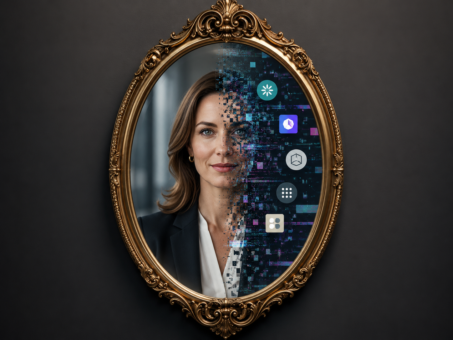 An antique gold-framed mirror reflecting a fragmented digital portrait, symbolizing how AI engines see a brand