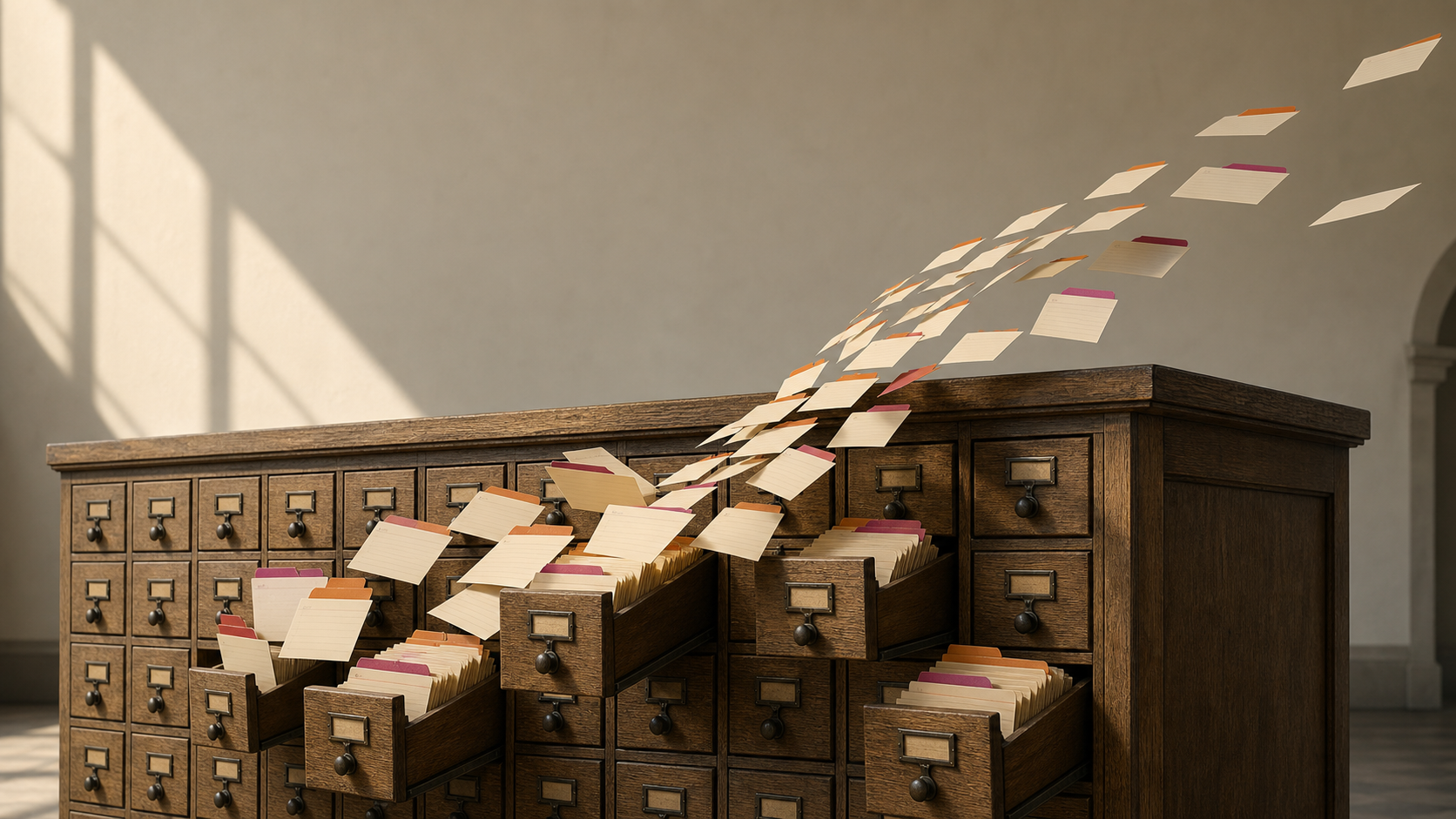 A wooden library card catalog with drawers open and index cards lifting out and rearranging themselves in mid-air