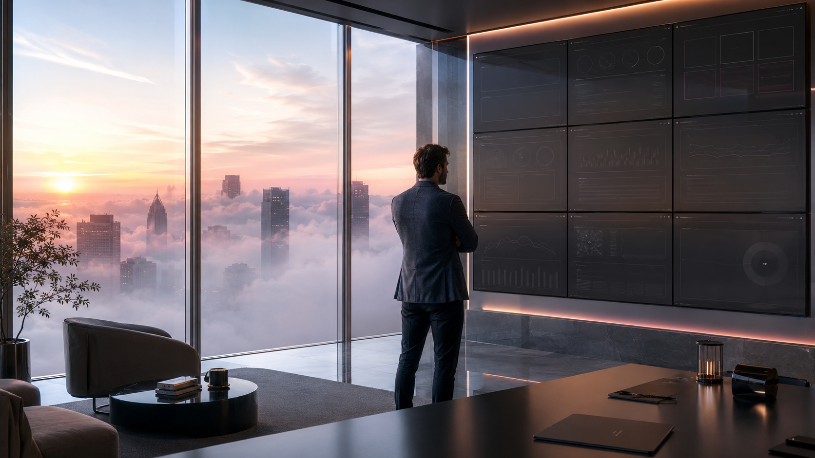 An executive stands at a high-rise office window looking out over a city skyline half-swallowed in fog, beside a wall of dim, hard-to-read data dashboards