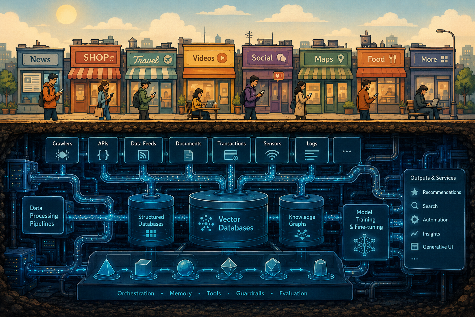 Cross-section illustration showing the consumer web above ground and the agent-built infrastructure layer below