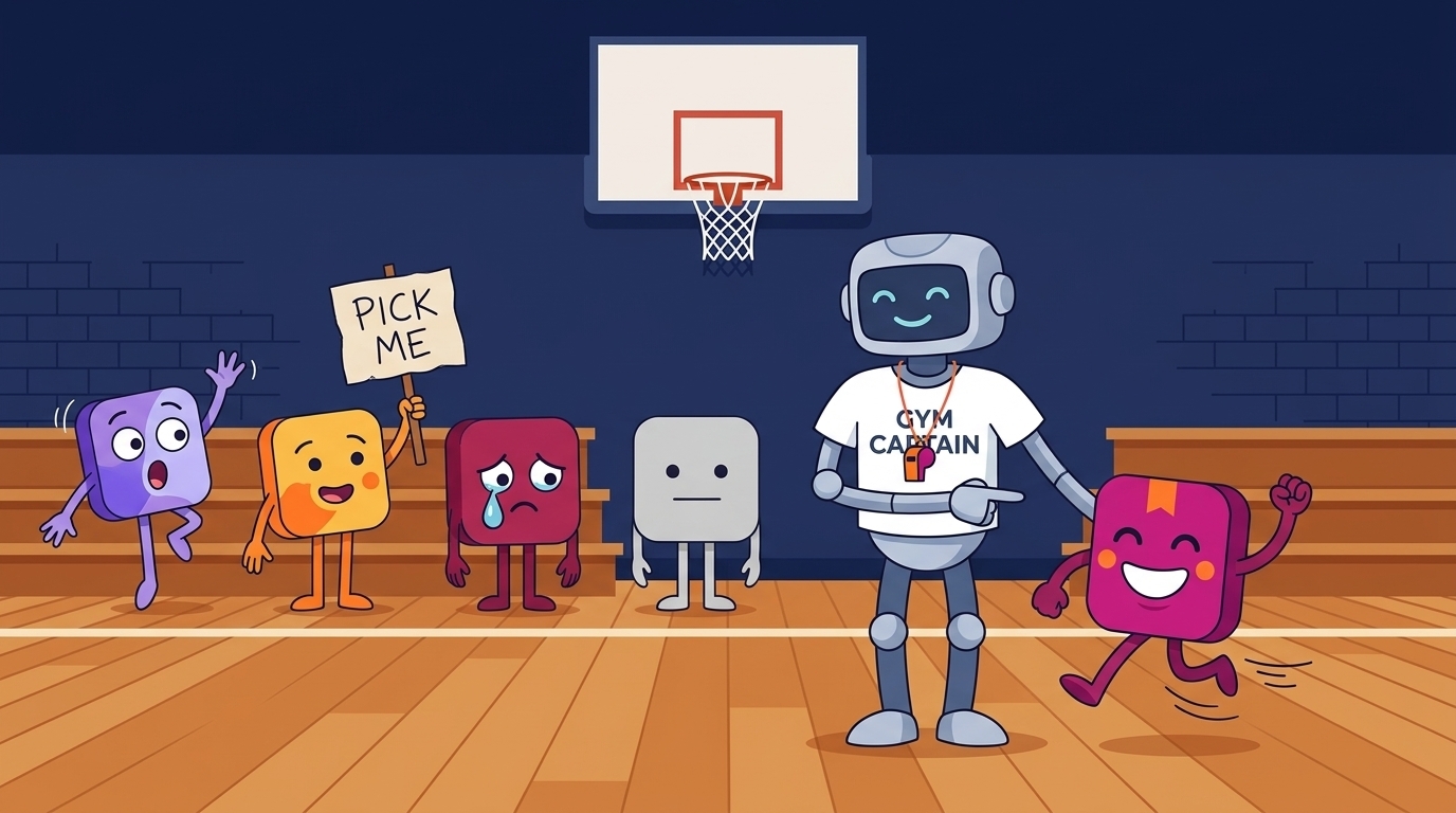 A robot gym-class captain points to one cheerful app character to join its team, while other app characters wait against the gym wall, one holding a PICK ME sign, one crying, and one so plain the robot does not notice it.