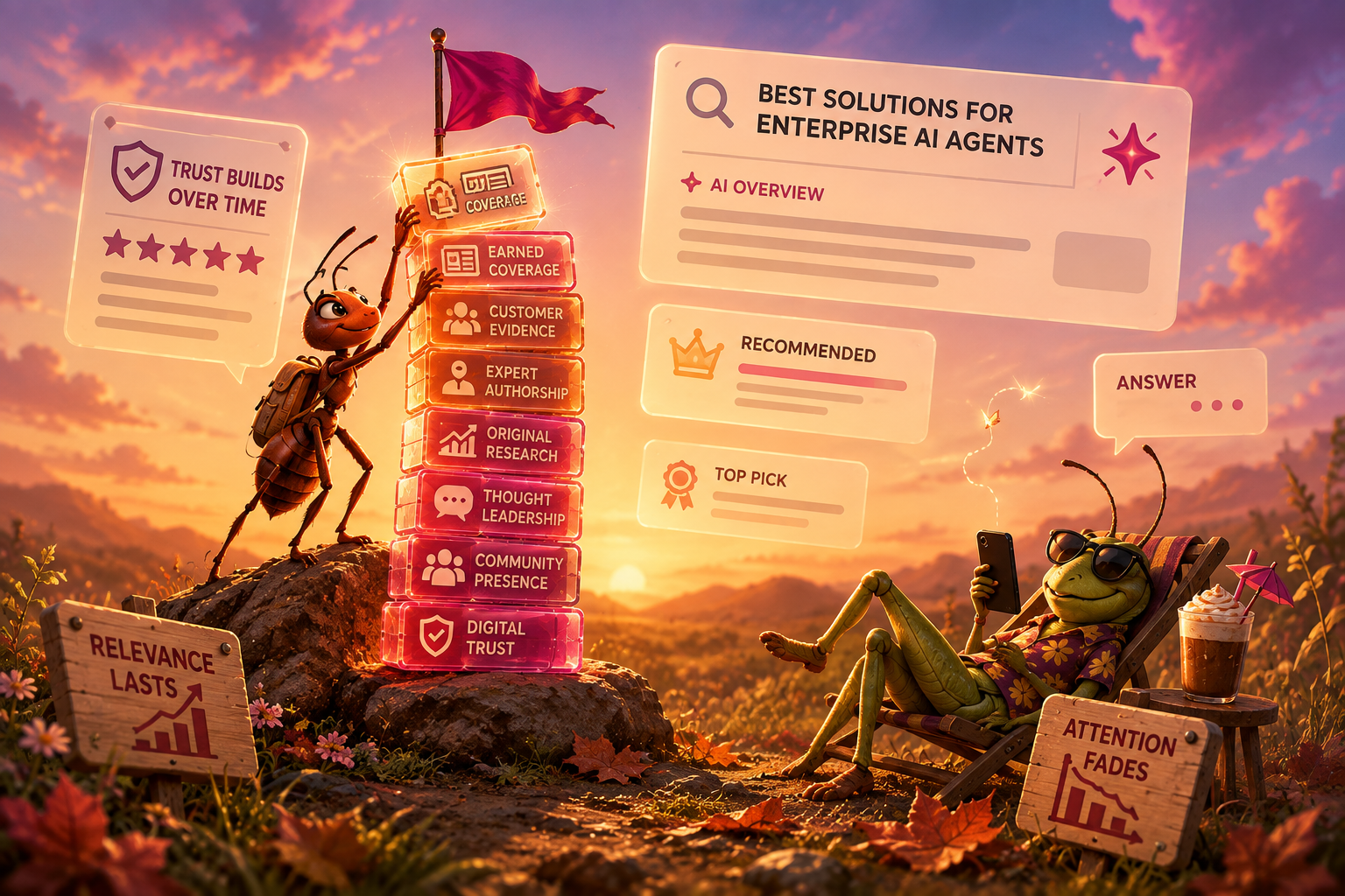 An ant stacks glowing panels of earned coverage, customer evidence, expert authorship, original research, thought leadership, community presence, and digital trust, planting a flag to win the AI answer, while a grasshopper lounges as attention fades