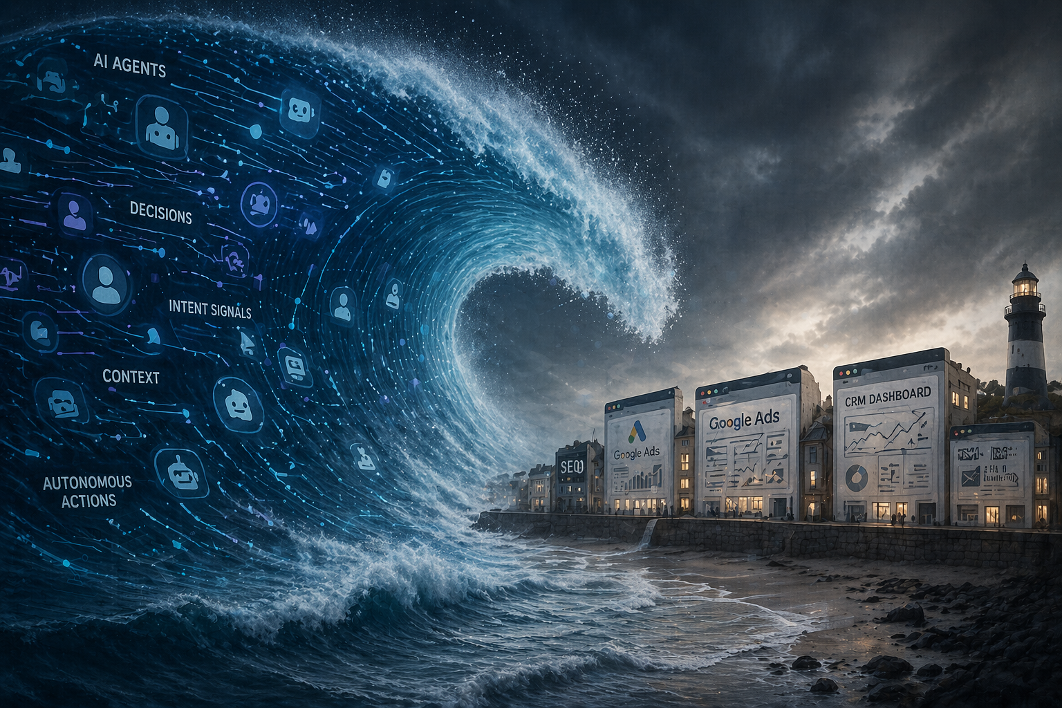 A tsunami wave made of AI agents, data streams, and autonomous actions crashes toward a coastline of traditional marketing tools