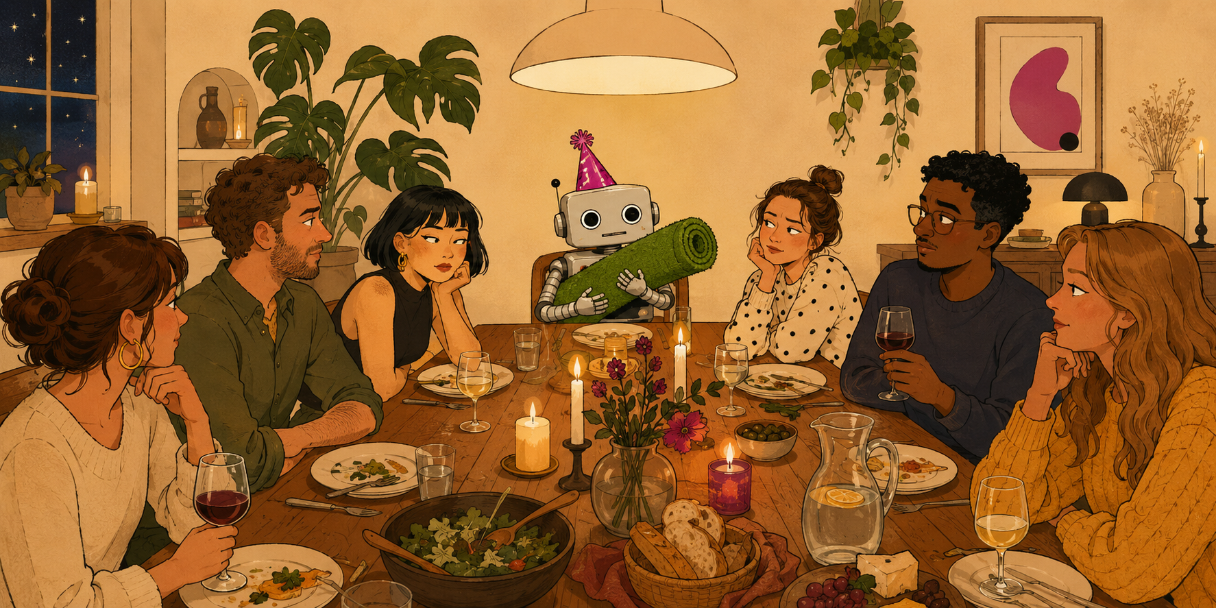A dinner party of human guests giving side-eye to a small robot in a party hat clutching a roll of fake AstroTurf grass